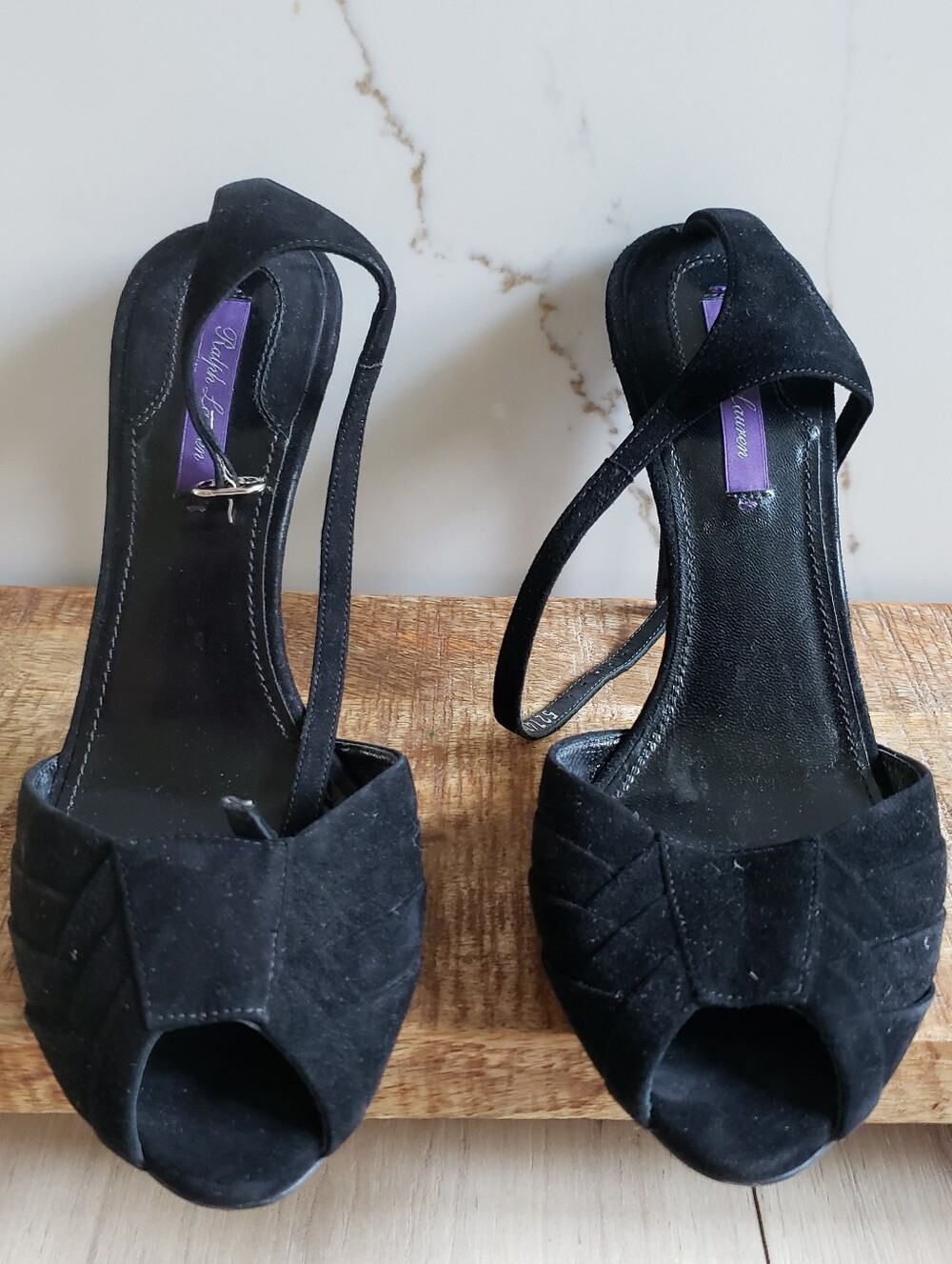 Ralph Lauren Black Suede Peep-Toe Slingback Heels